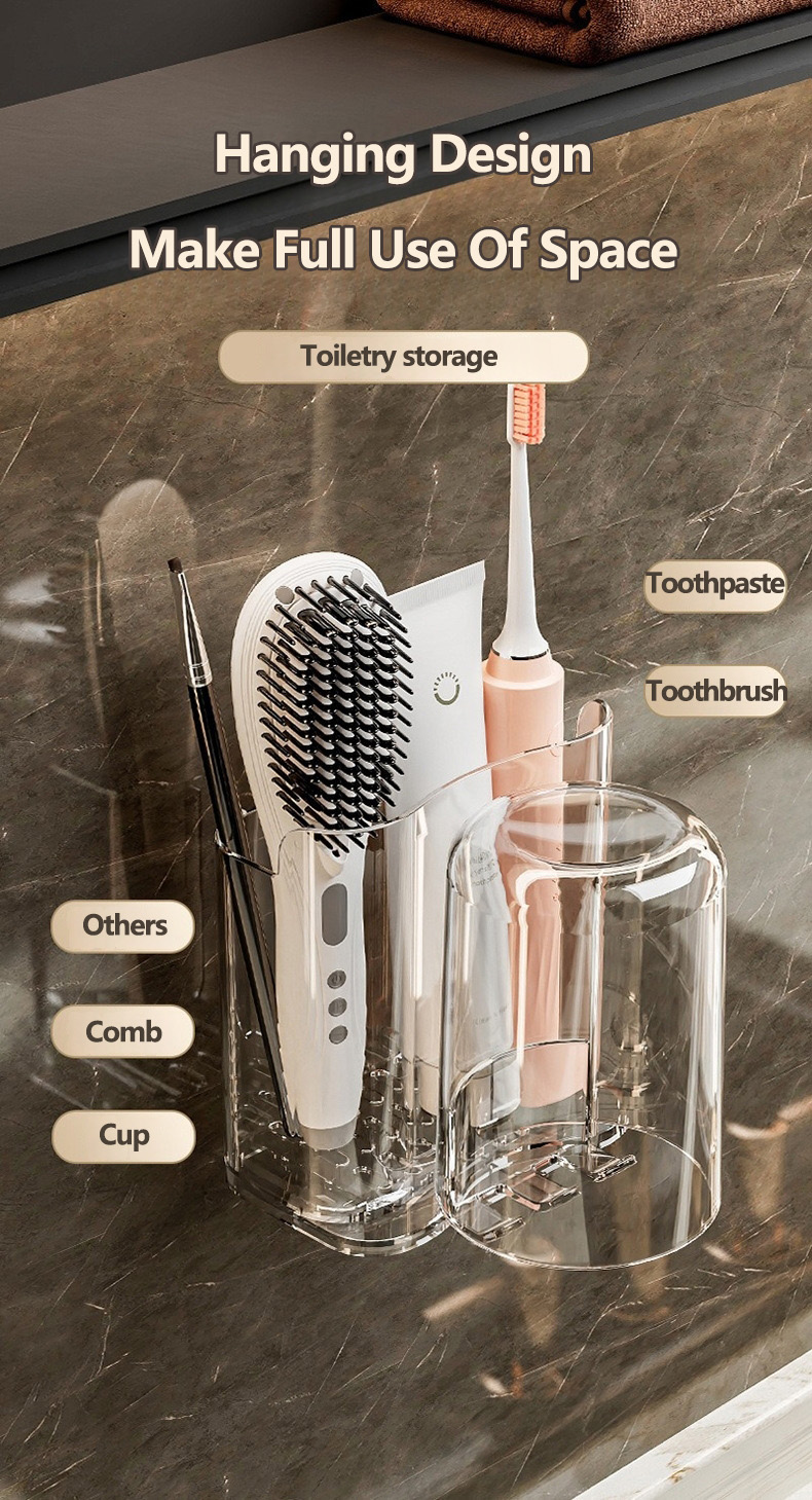 【SG】Wall Mount Toothbrush Holder Teeth Cup Toothpaste Storage Rack No ...