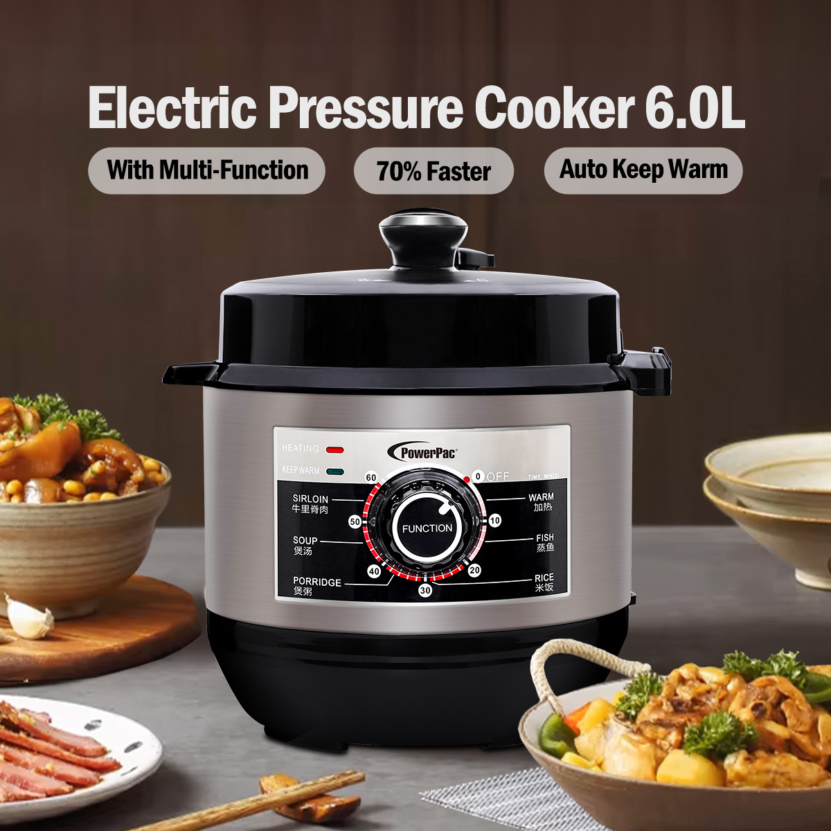 Powerpac Electric Pressure Cooker 6.0L, 7 Safety Features & Multi ...