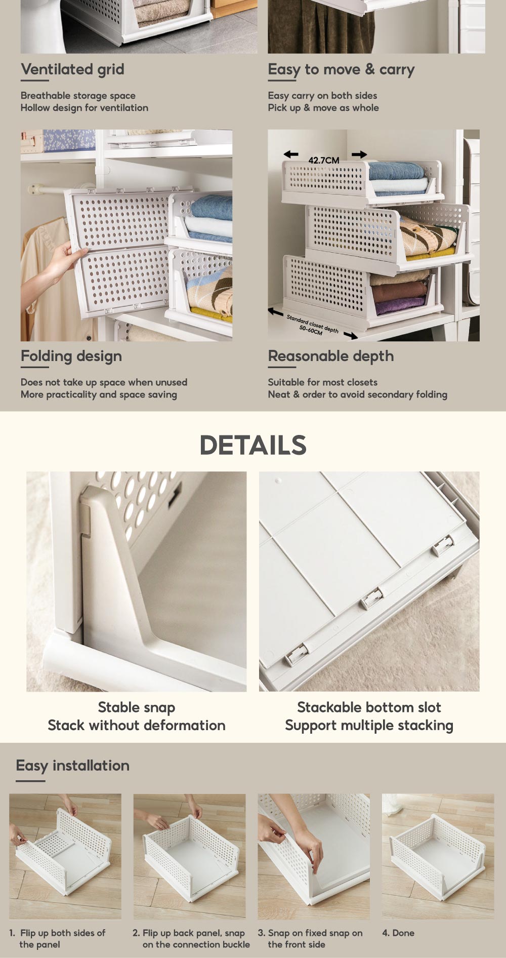 Stackable Foldable Storage Drawer Storage Box Stackable Organizer ...