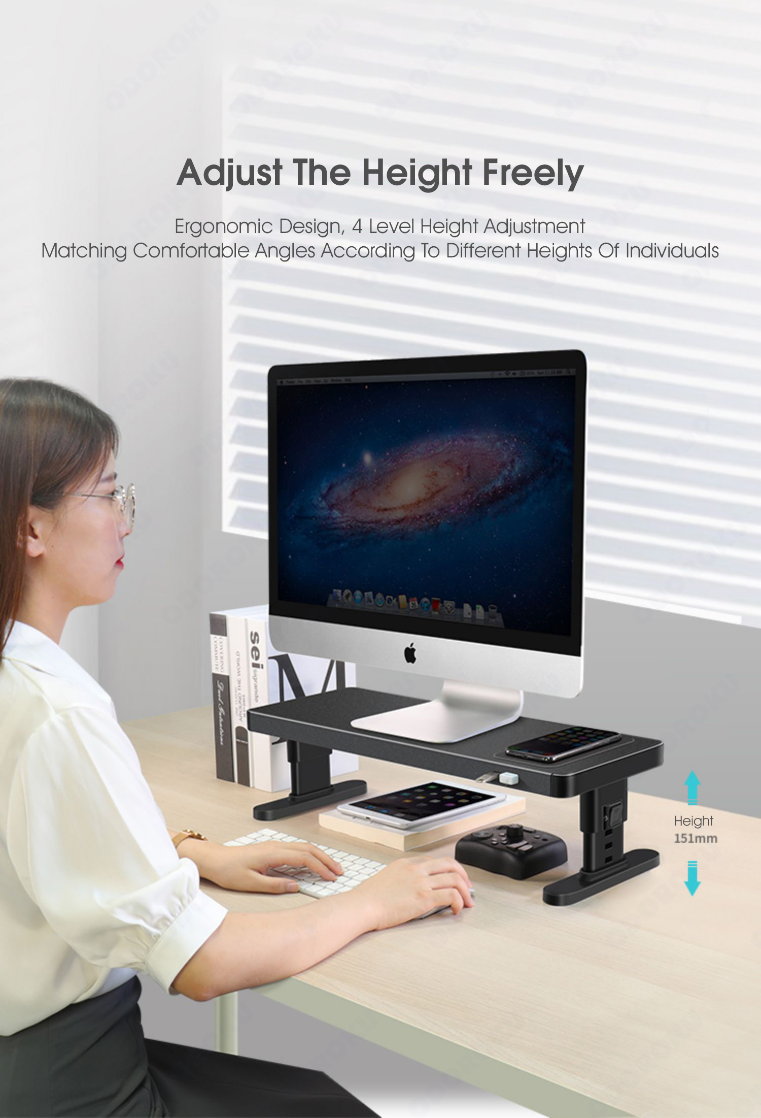 ODOROKU Height Adjustable Monitor Stand Computer Riser with USB ...