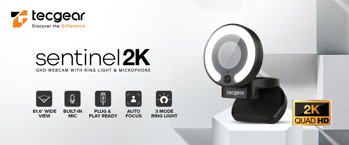 Tecgear Sentinel 2K QHD Auto Focus Webcam with Ring Light, Built-in ...