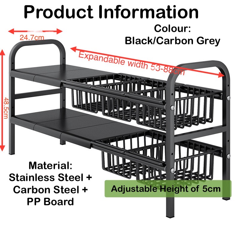 Adjustable Extendable Stainless Steel Under Sink Kitchen Rack Organiser ...