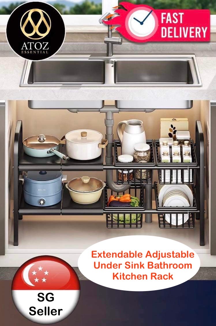 Adjustable Extendable Stainless Steel Under Sink Kitchen Rack Organiser ...