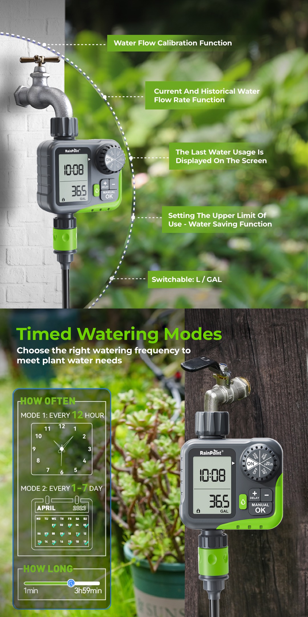 RainPoint 1-Zone Digital Hose Timer | Water Limit Control, IP54, Rain ...