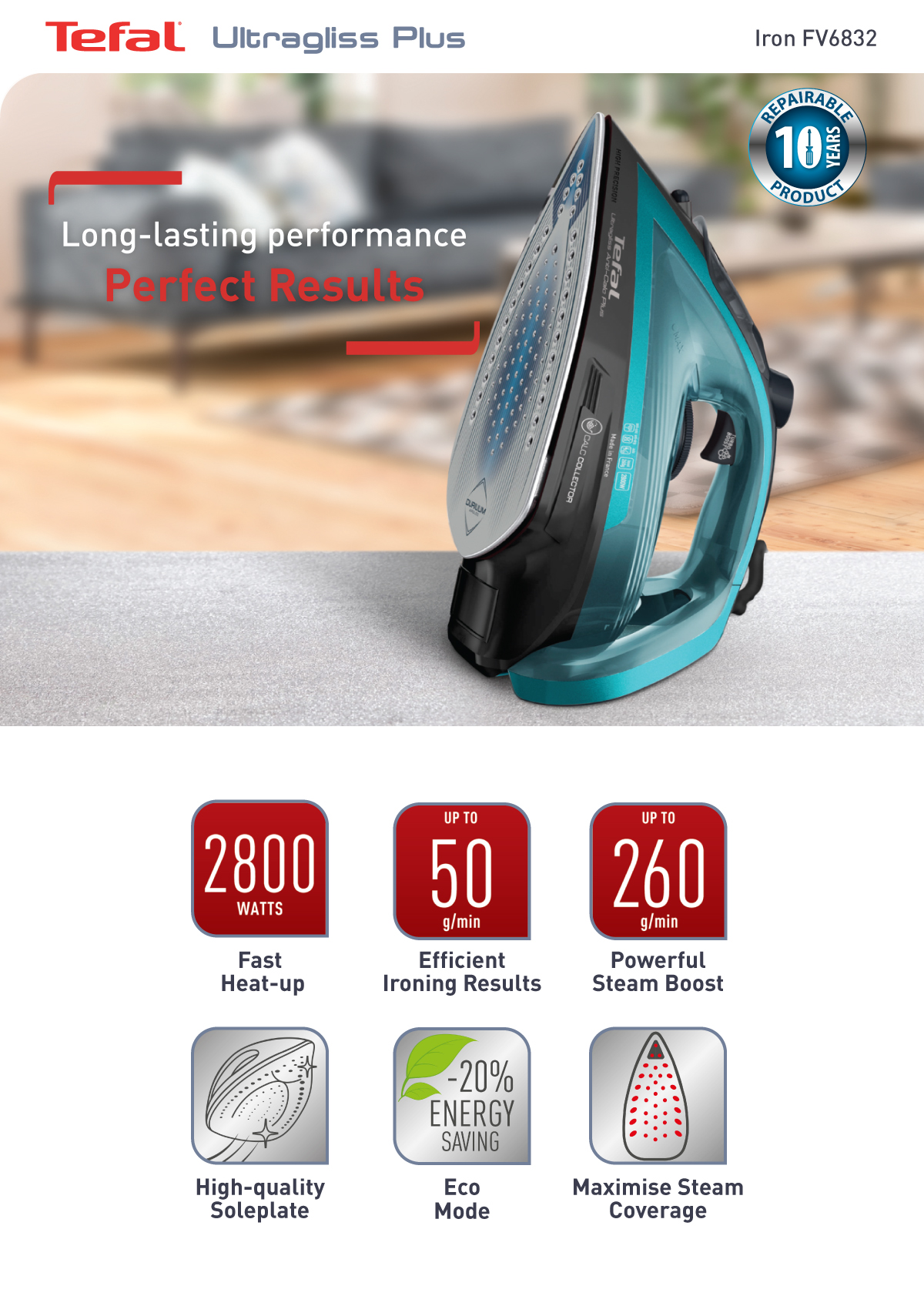 Tefal Ultragliss Plus Steam Iron 270ml 2800W FV6832 – 260g Steam Boost ...