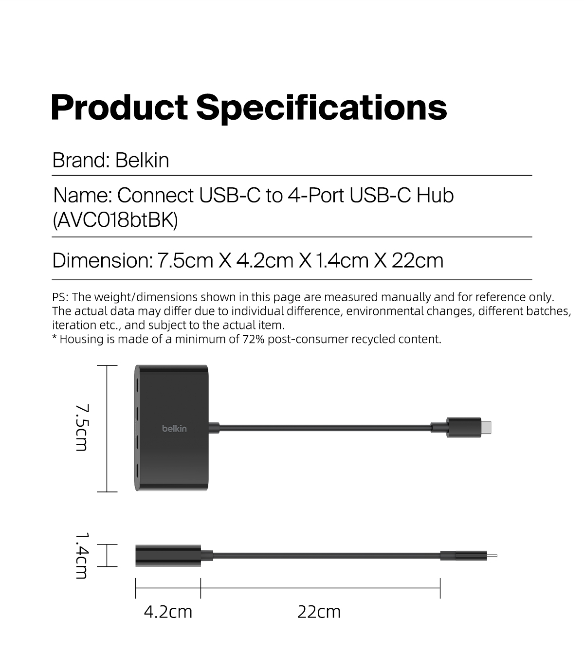 Belkin AVC018btBK CONNECT USB-C/4 Port USB-C Hub Multi-Port Adapter with 4 USB-C 3.2 Gen2 Ports and 100W PD with Up to 10Gbps High Speed Data Transfer