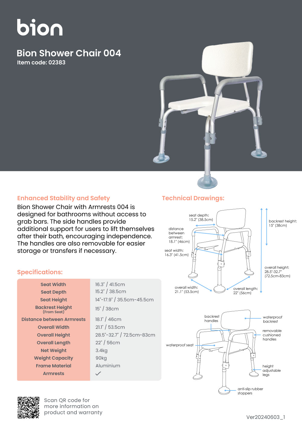 Bion Shower Chair with Armrests 004 Upgraded Version For Bath Height Adjustable Removable Cushion Handles Anti Slip Shopee Singapore