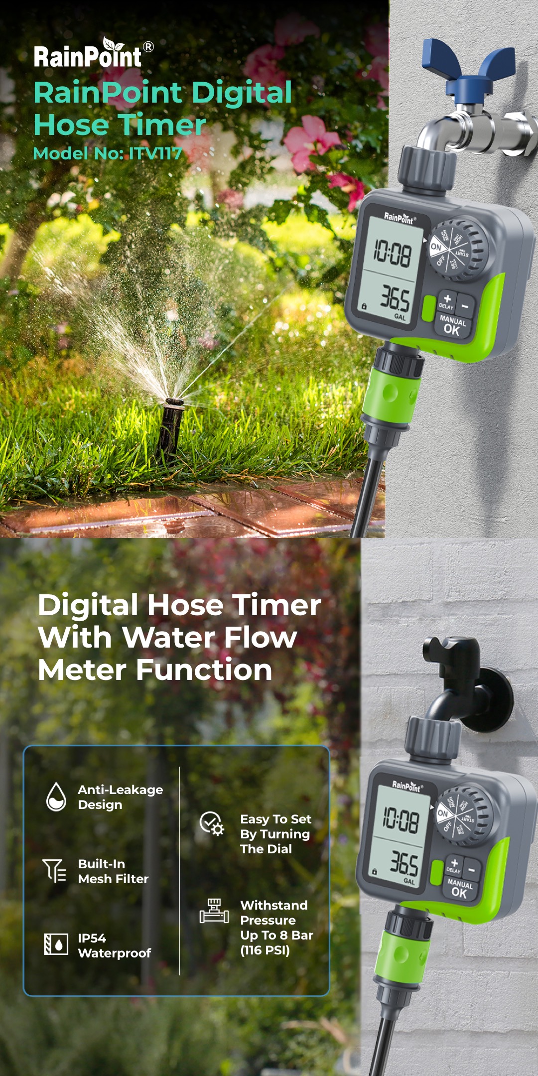 RainPoint 1-Zone Digital Hose Timer | Water Limit Control, IP54, Rain ...