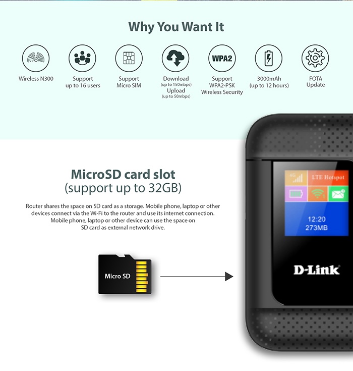 D-Link DWR-932 D3 N300 4G Mobile Hotspot Router Micro SD Card