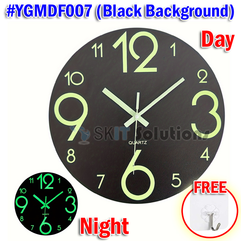 12 Inch Luminous Minimalist Designer Wooden Quartz Wall Clock Dark ...
