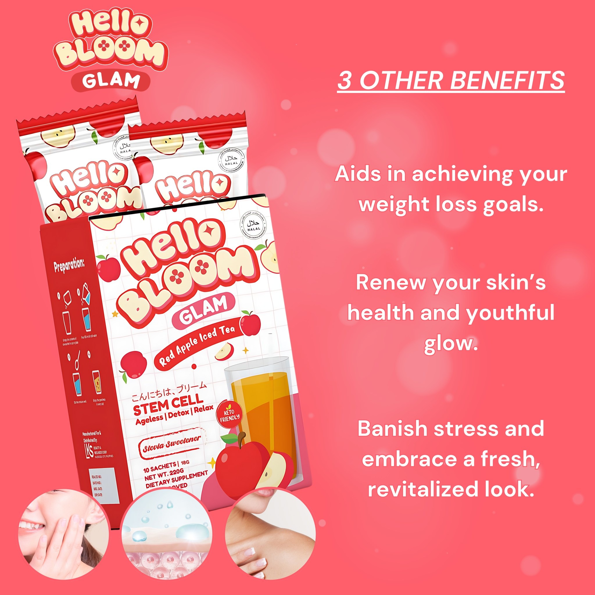HELLO BLOOM GLAM Stem Cell Iced Tea (Lemon | Red Apple | Lychee) (18g x ...