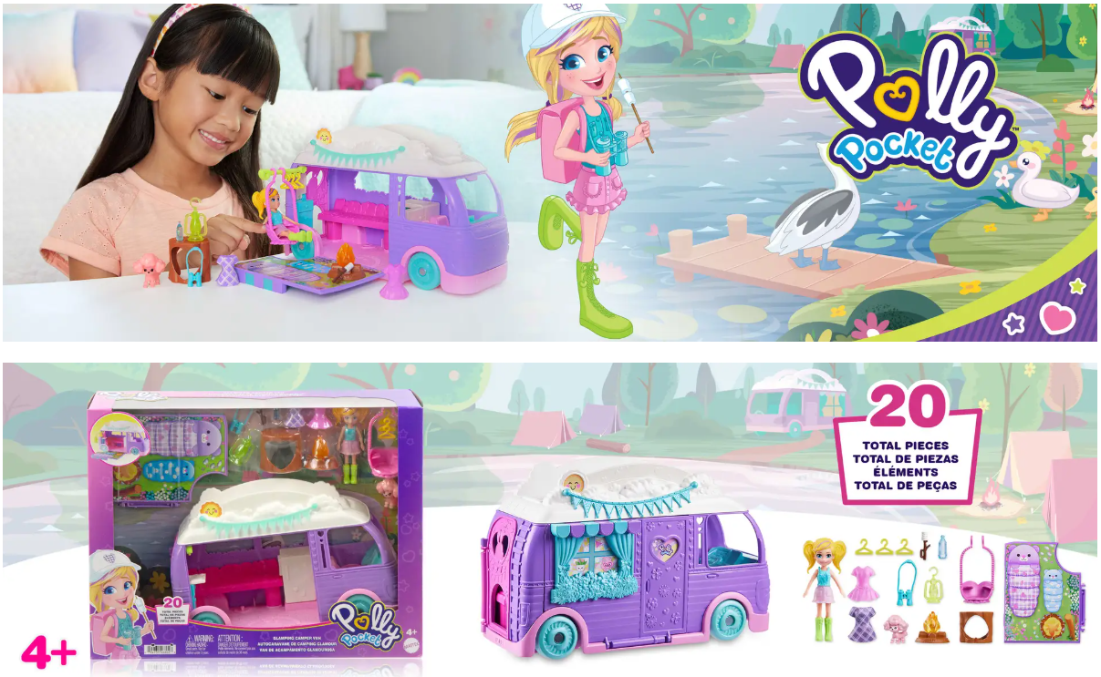 Polly Pocket Glamping Camper Van, Doll & Pet Playset, Camping & Food ...