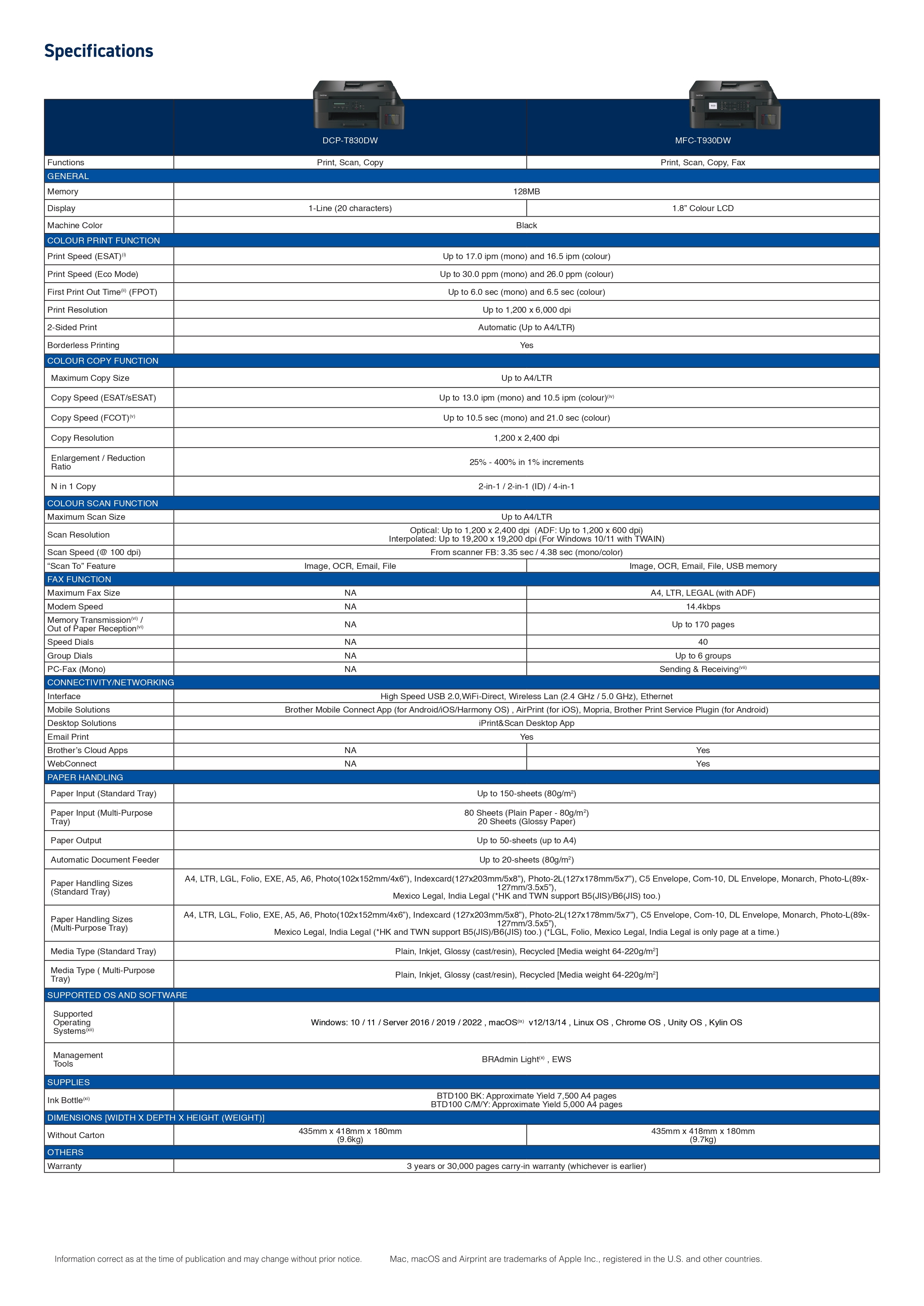 Brother DCP-T530DW A4 3-in-1 Wireless Colour Ink Tank Printer | Refill ...