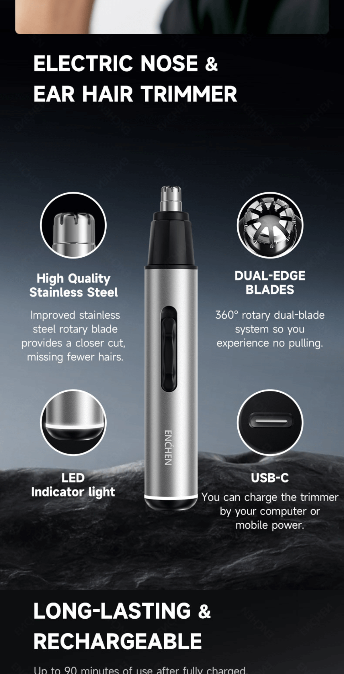 Enchen EN001 Professional Nose Hair Trimmer - Double-edged Cutter Head ...