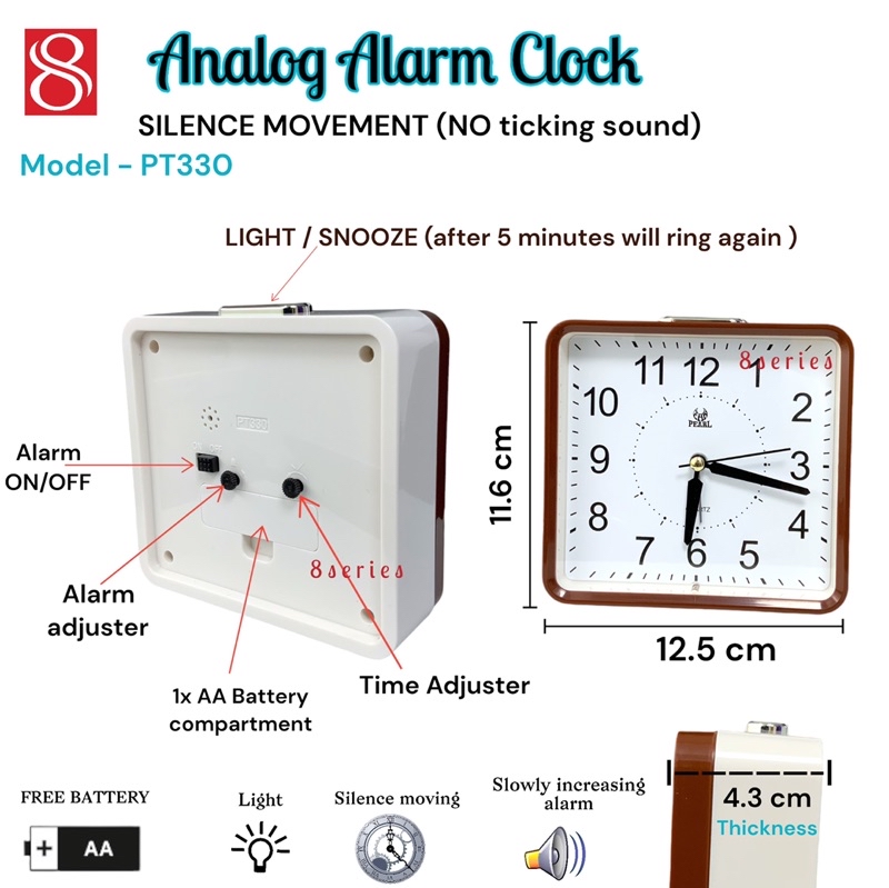 Sharp Small Battery Operated Analog Alarm Clock Silent No Ticking, Lighted On Demand