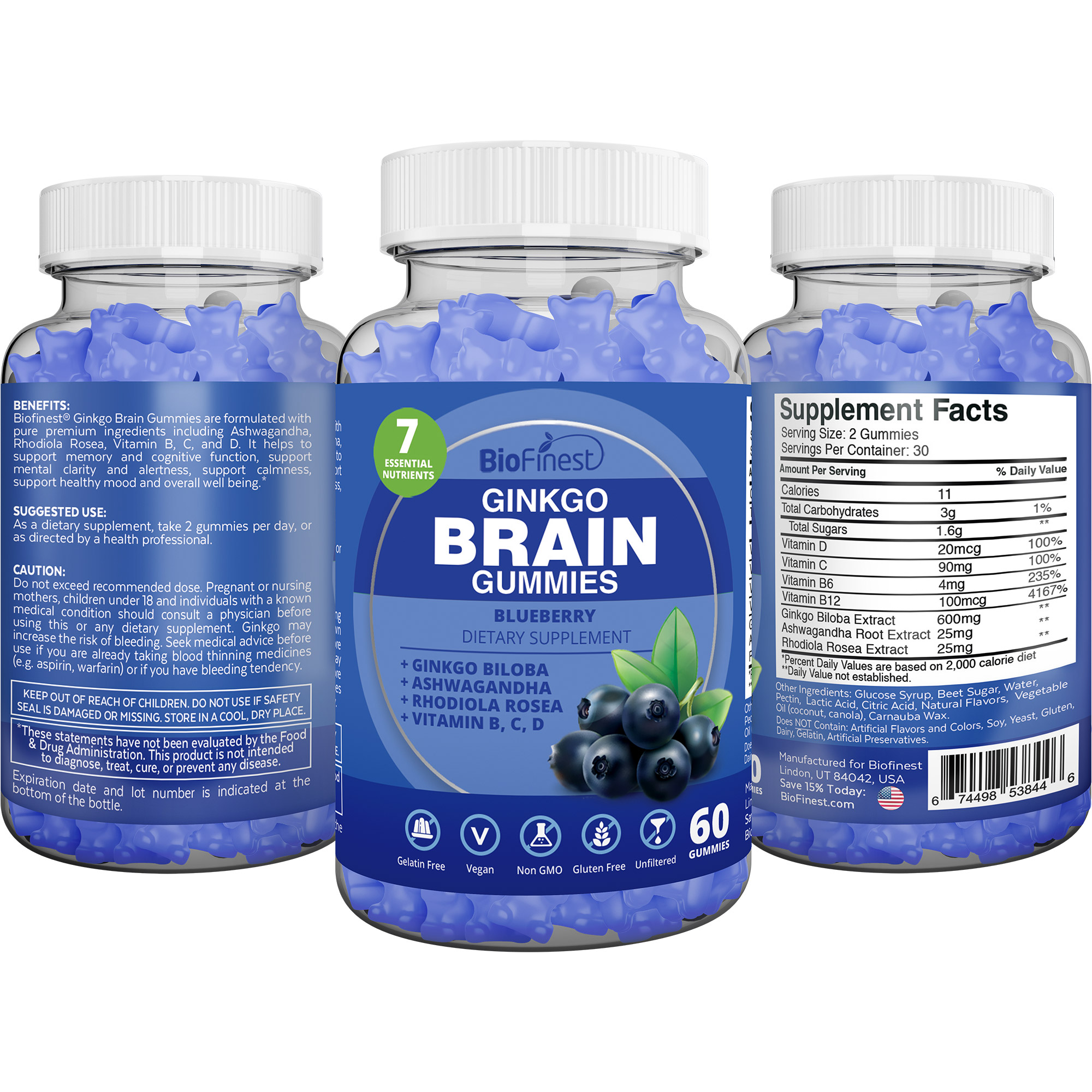 Biofinest Ginkgo Biloba Brain Gummy Supplement - Ashwagandha Vitamin B ...