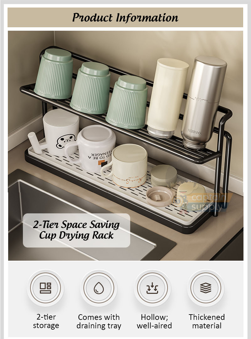 2-Tier Slim Cup Drying Rack Stand with Detachable Draining Tray ...