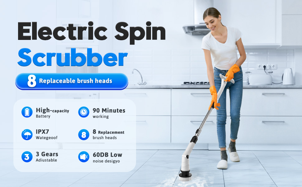 LOVEWE Cordless Electric Spin Scrubber - 7 Brush Heads, 3 Speeds, Adjustable Handle For Bathroom, Kitchen Cleaning