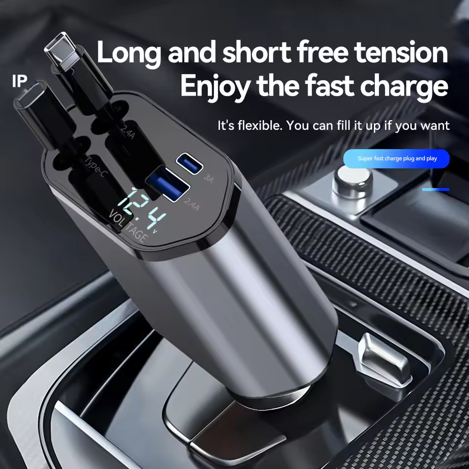 120W 4 In 1 Super Fast Charging Car Charger 2 Extendable Cable Cords ...