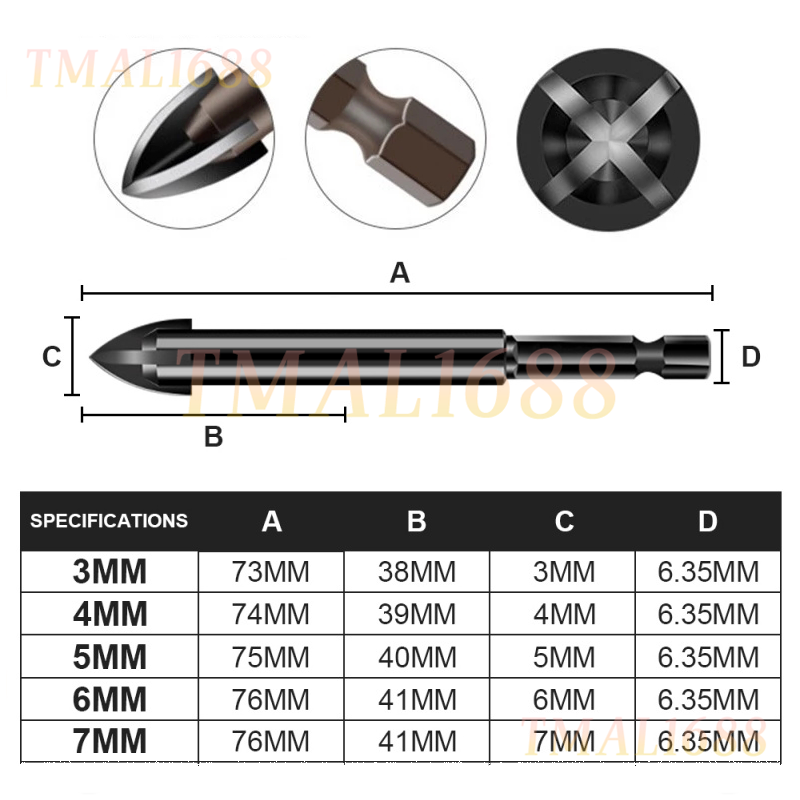 [ SG Ready Stock] 5Pcs Drill Bits 3/4/5/6/7mm Cross Hex Tile Bits ...