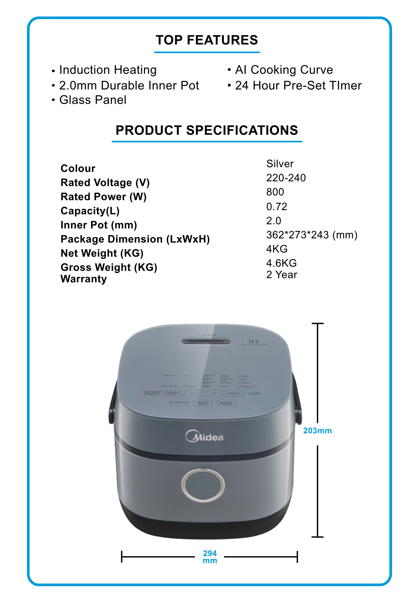 Midea 0.72L IH Rice cooker MRI070T1BDG | Shopee Singapore
