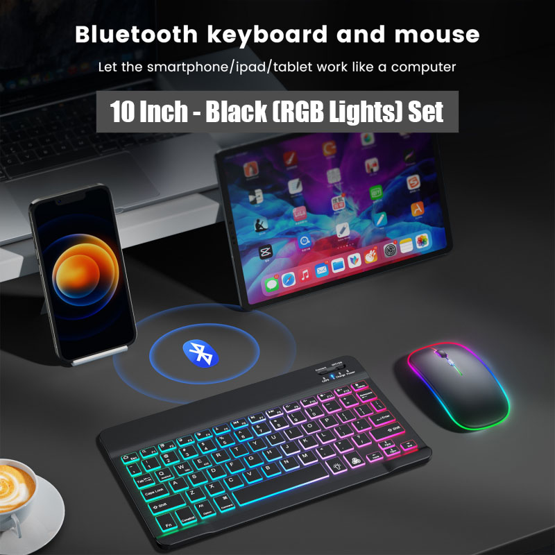 10 Inch Wireless Keyboard Bluetooth Mouse LED RGB Light For Android IOS ...