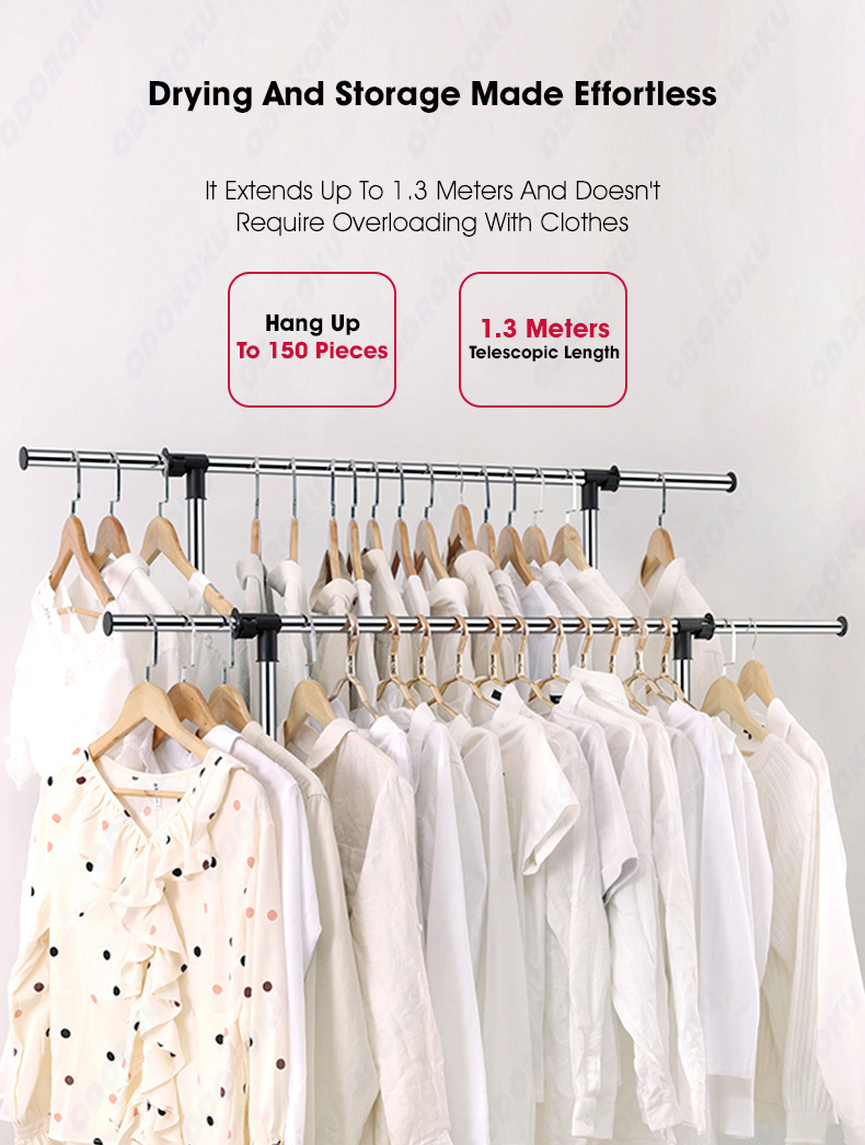 ODOROKU Heavy Duty Double Rods Adjustable Length Clothes Rack with ...