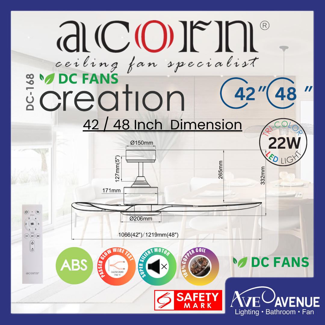 ACORN Creation DC-168 LED DC Motor 3 Blade 42 / 48 Inch Ceiling Fan ...
