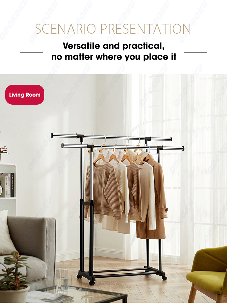 ODOROKU Heavy Duty Double Rods Adjustable Length Clothes Rack with ...