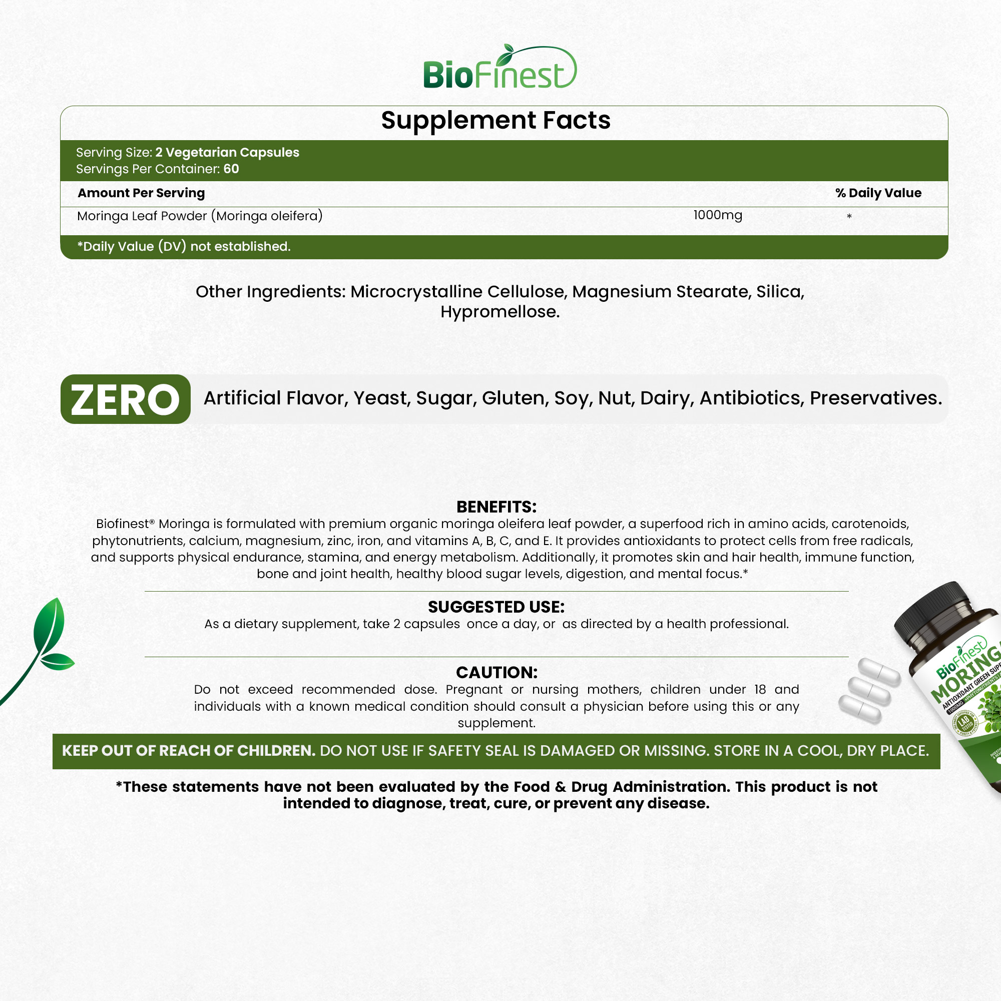 Biofinest Moringa Leaf 1000mg Supplement - Antioxidant Superfood Powder ...