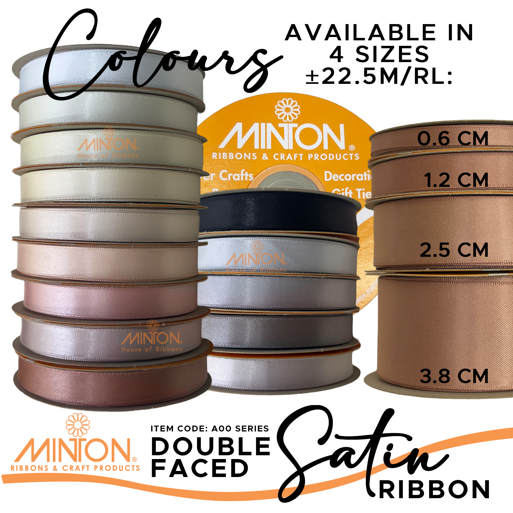 [SG] Minton Double Faced Satin Ribbon 0.6cm, 1.2cm, 2.5cm, 3.8cm(W), 22 ...