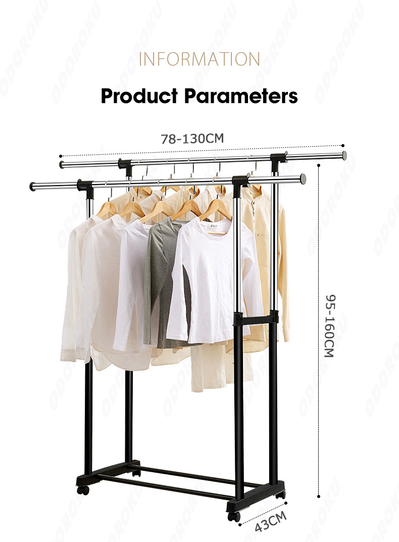 ODOROKU Heavy Duty Double Rods Adjustable Length Clothes Rack with ...