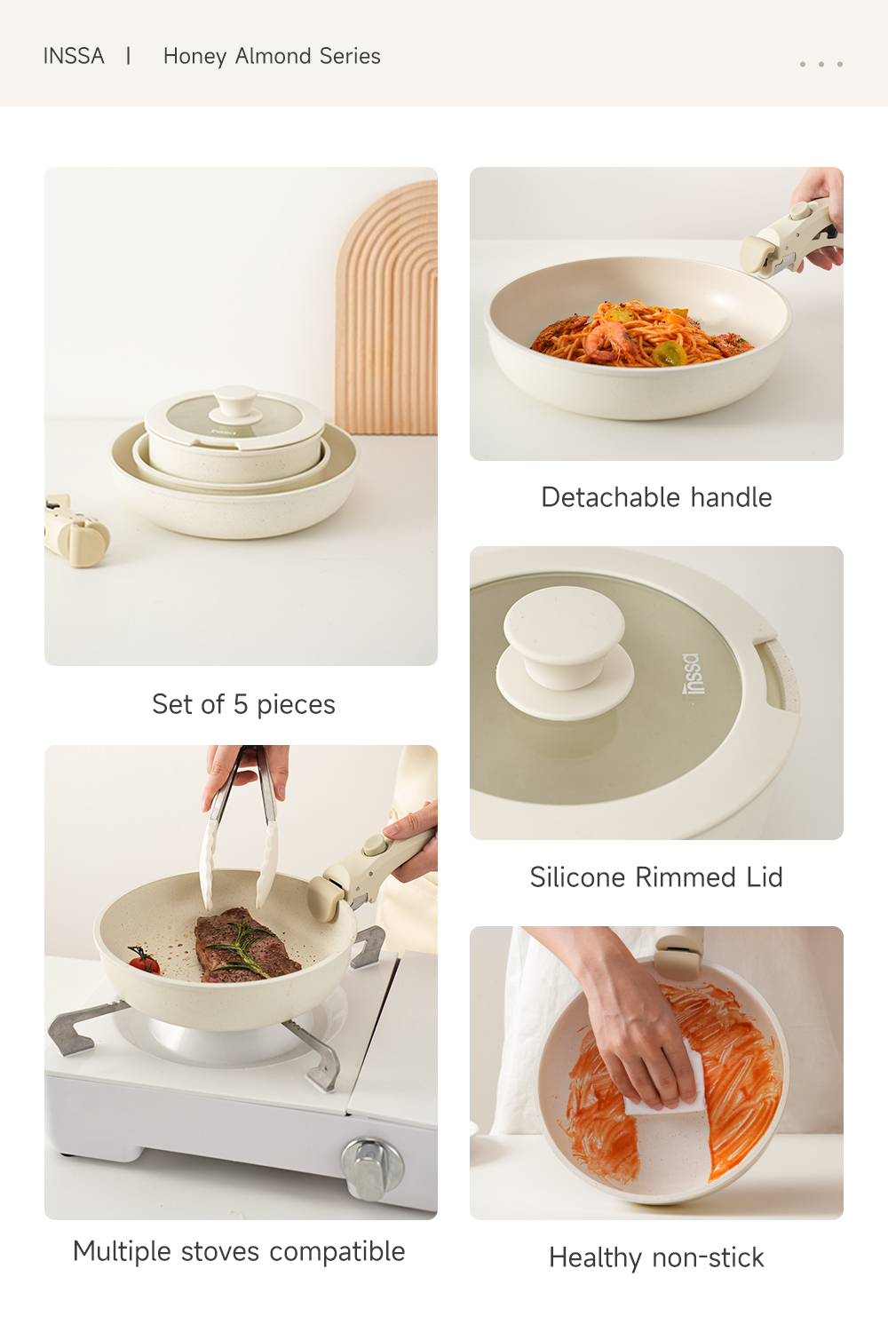 Inssa 5pcs Cookware Set丨18cm Saucepan 20cm 26cm Frying Pans丨Detachable ...