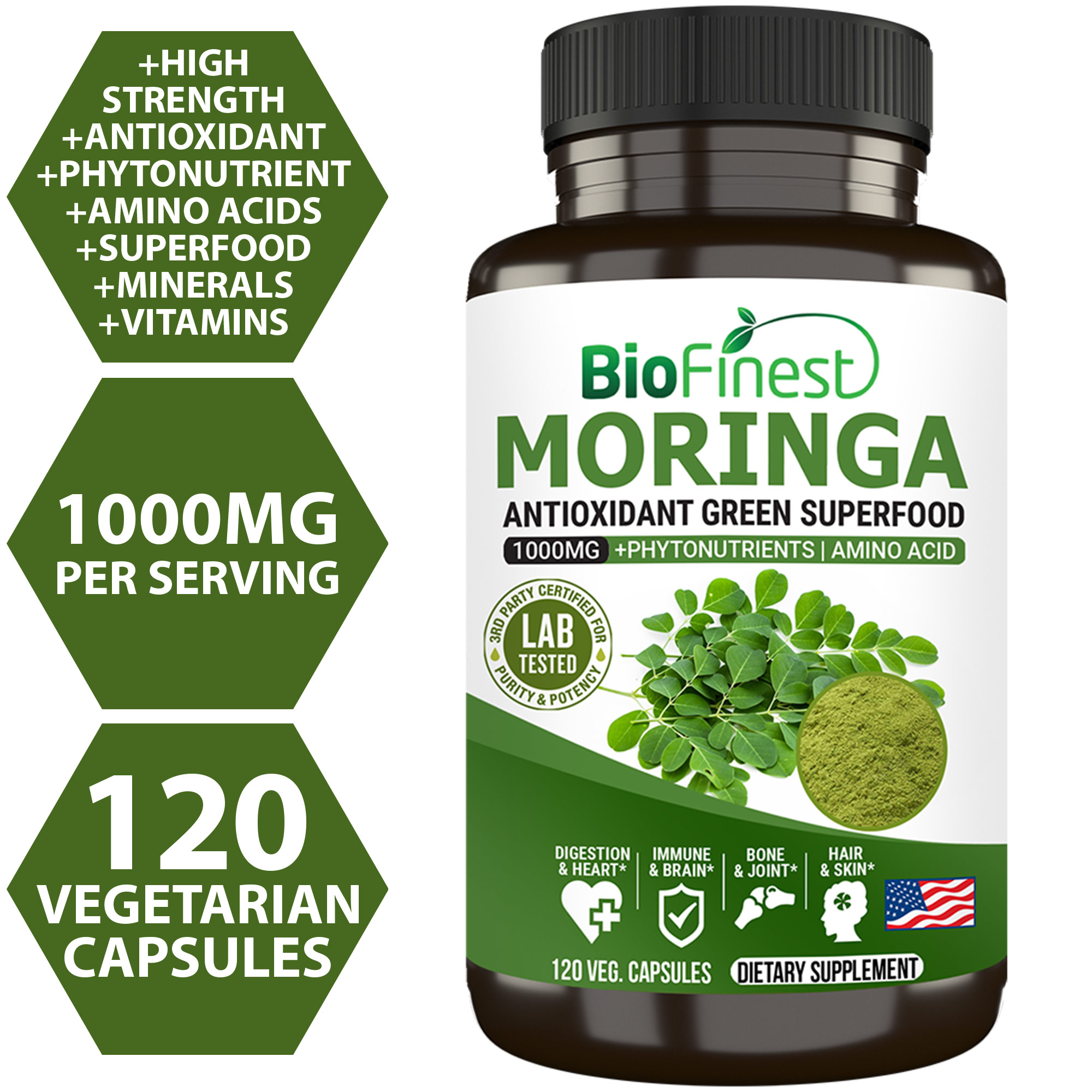 Biofinest Moringa Leaf 1000mg Supplement - Antioxidant Superfood Powder ...