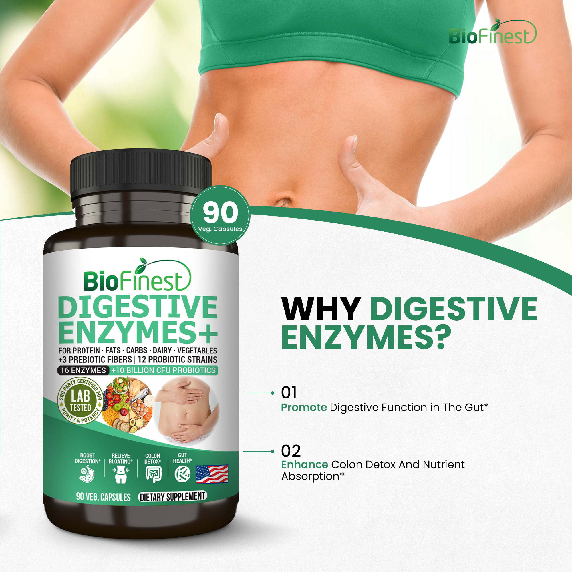 Biofinest Digestive Enzymes Supplement - 3 Prebiotics 12 Probiotics ...