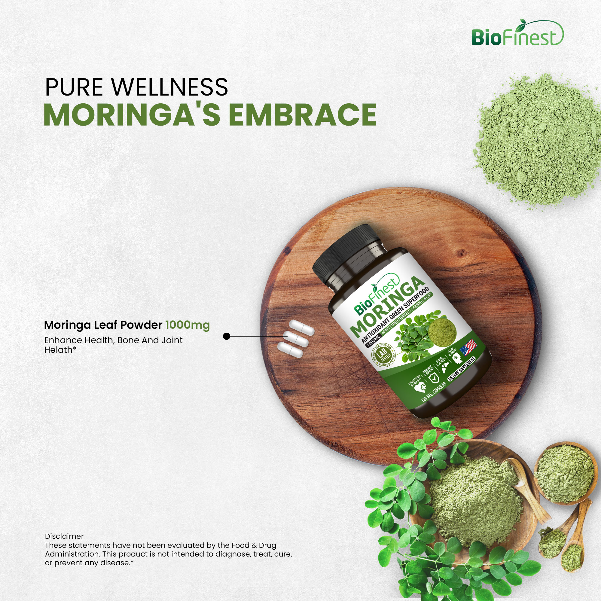 Biofinest Moringa Leaf 1000mg Supplement - Antioxidant Superfood Powder ...