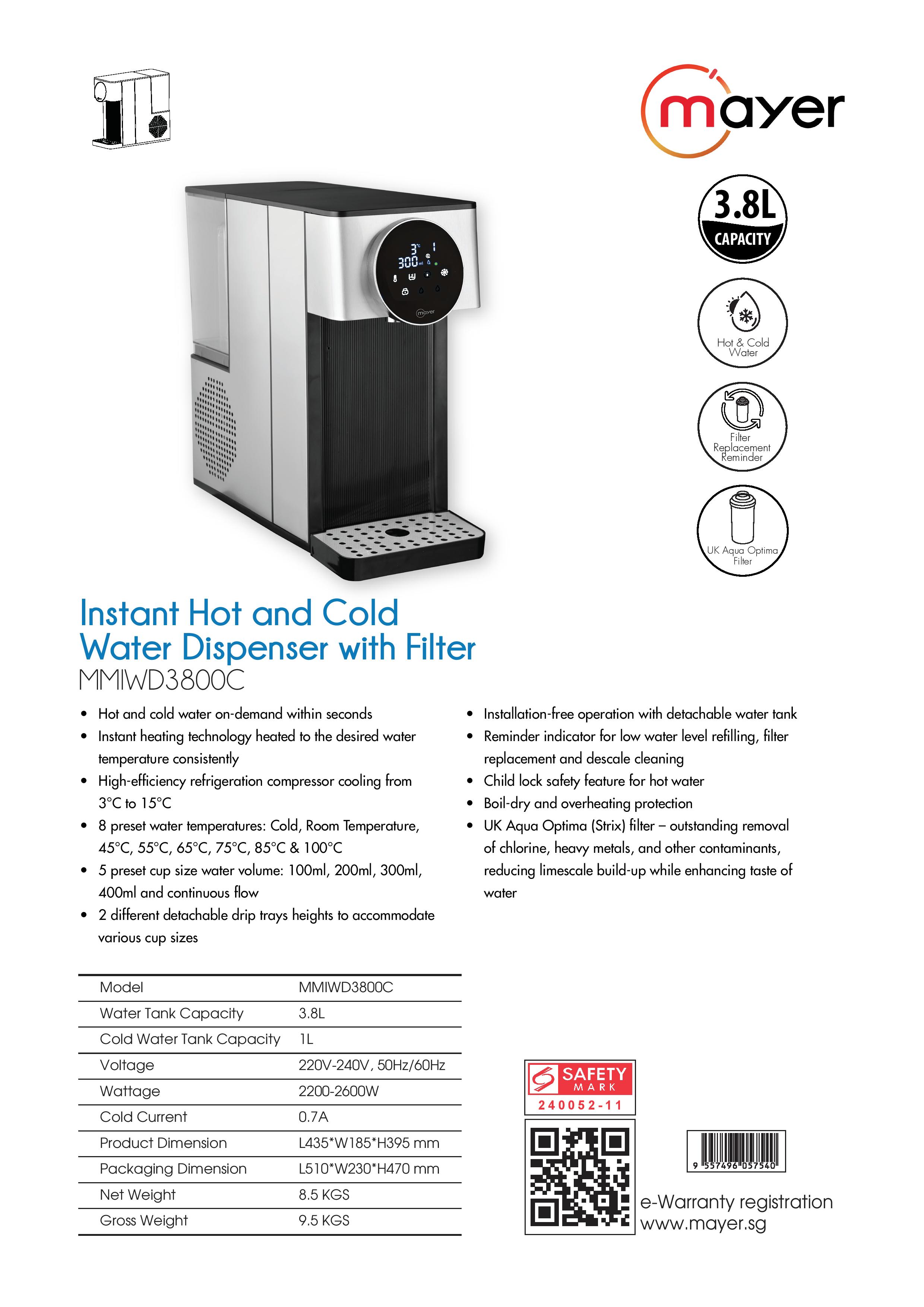Mayer MMIWD3800C Instant Hot and Cold Water Dispenser with Filter 3.8L ...