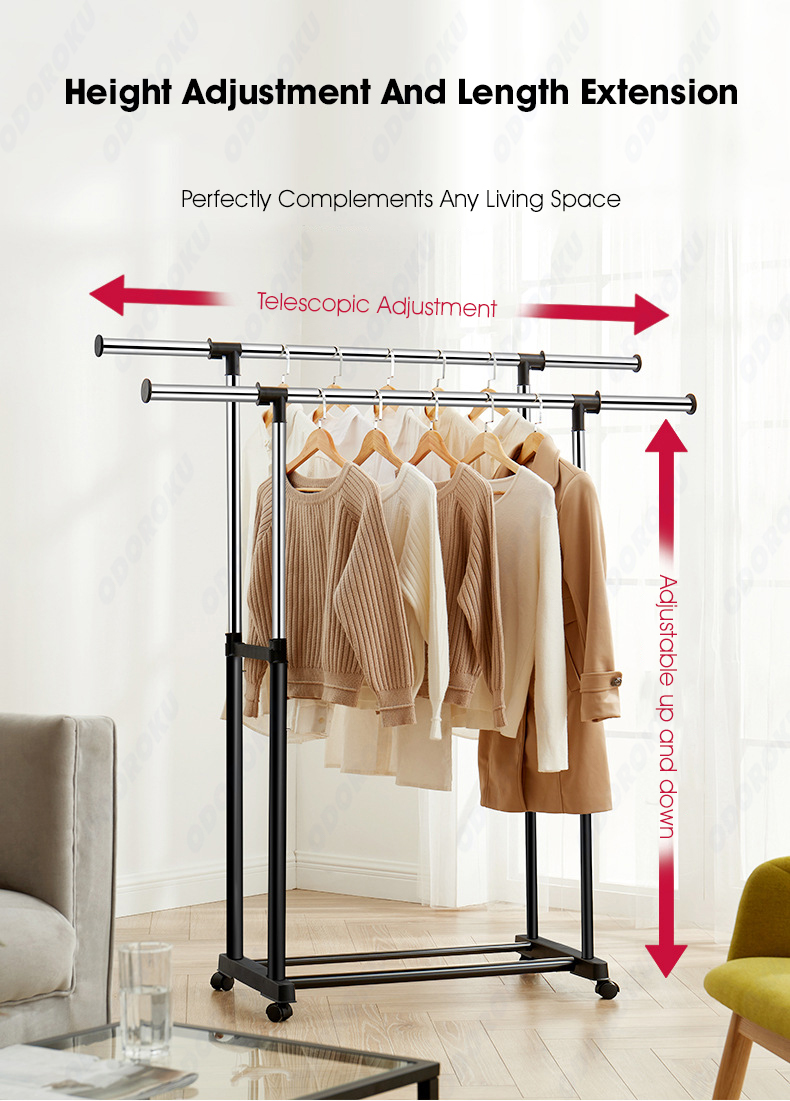 ODOROKU Heavy Duty Double Rods Adjustable Length Clothes Rack with ...