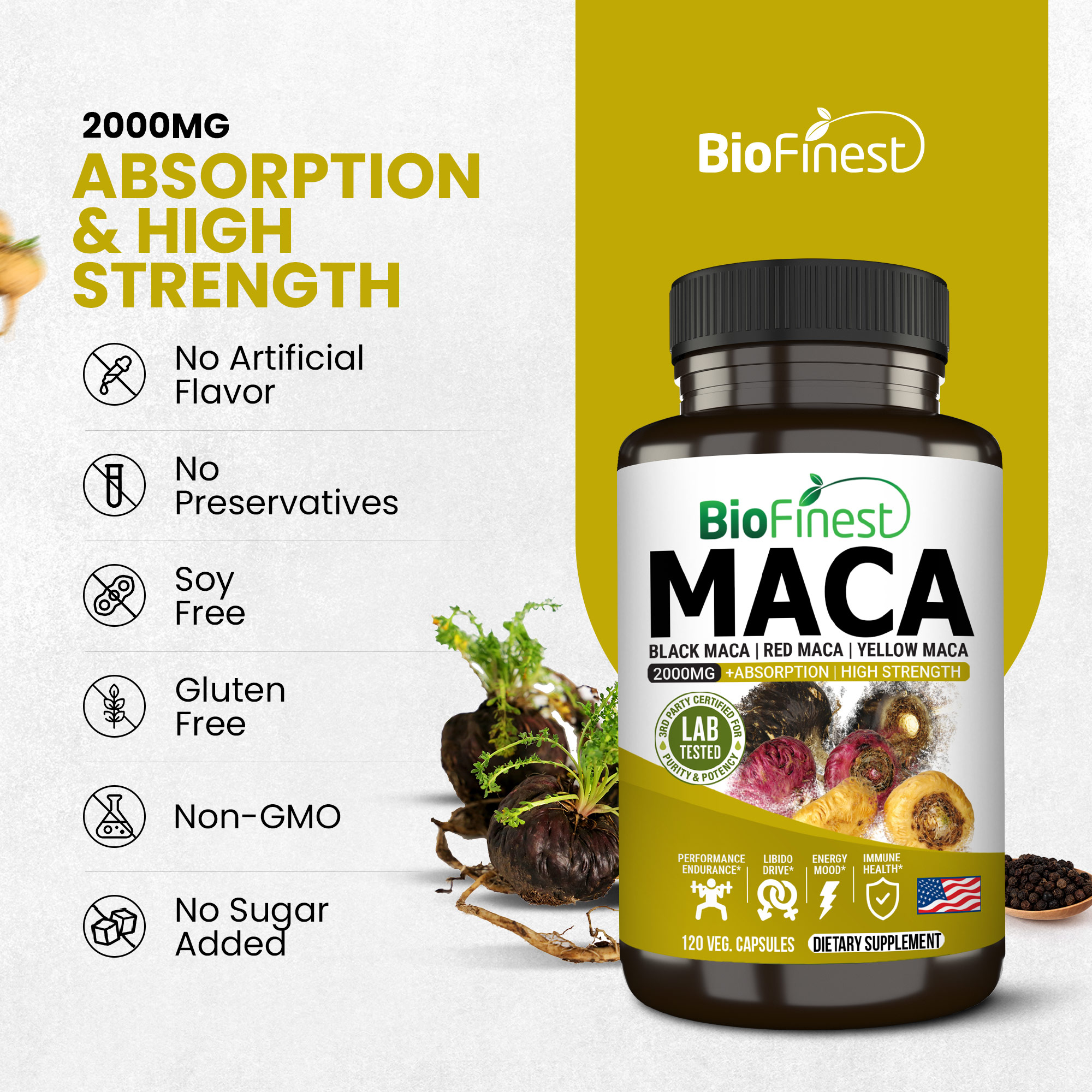Biofinest Peruvian Maca 2000mg - 3x Black Red Yellow Maca Root ...