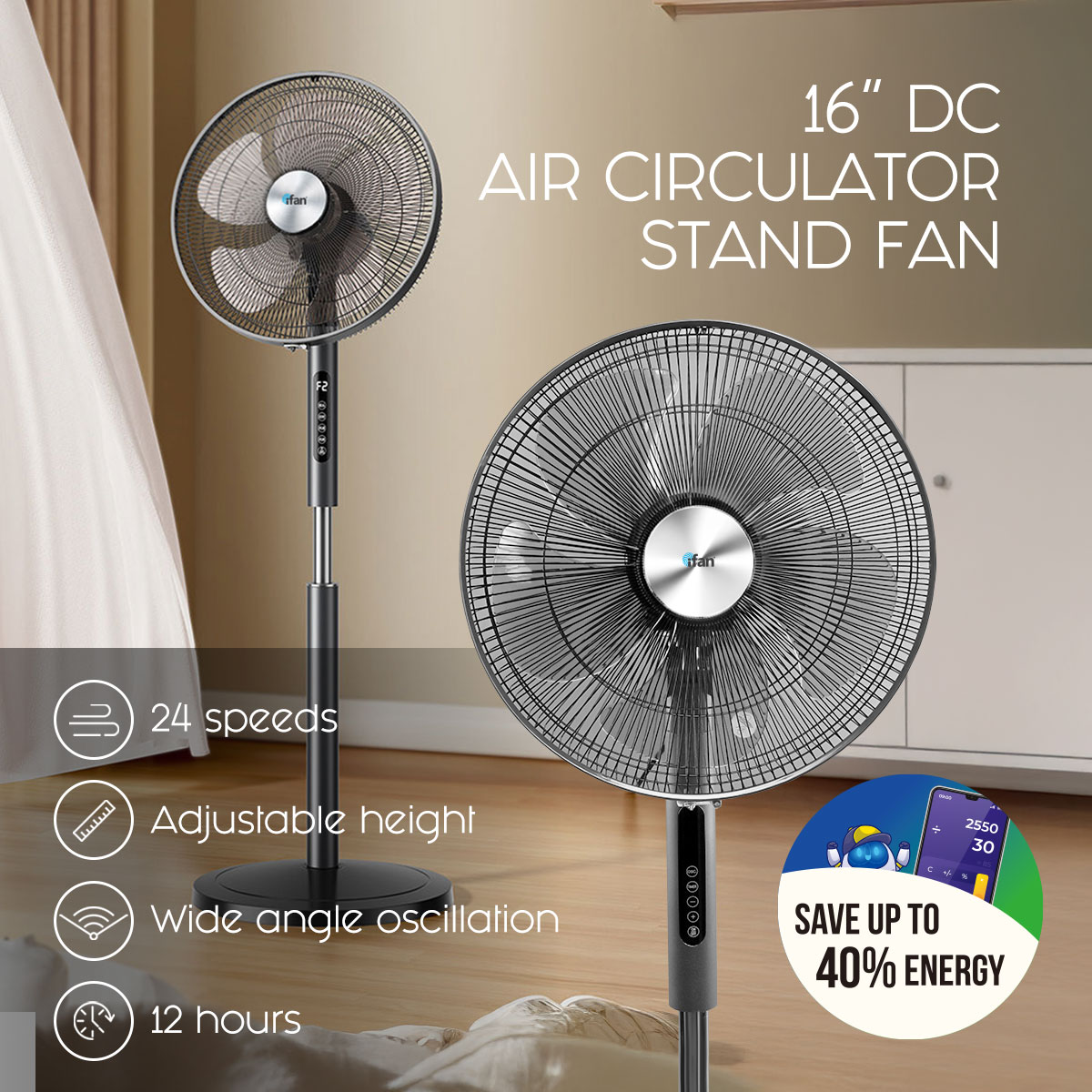 iFan 16” DC Motor Stand Fan – Remote Control, Adjust. Height & Tilt ...