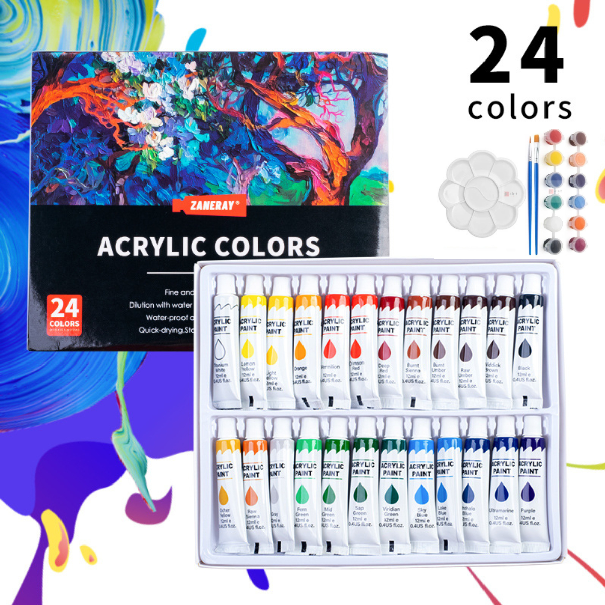 12/18/24 Colors Acrylic Paint With Palette Brush Set | Shopee Singapore