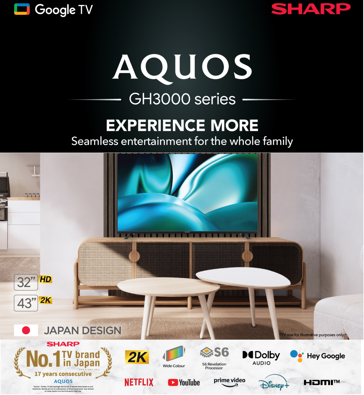 SHARP 2T-C32GH3000X 4 TICKS 32 INCH 2K GOOGLE TV | Shopee Singapore