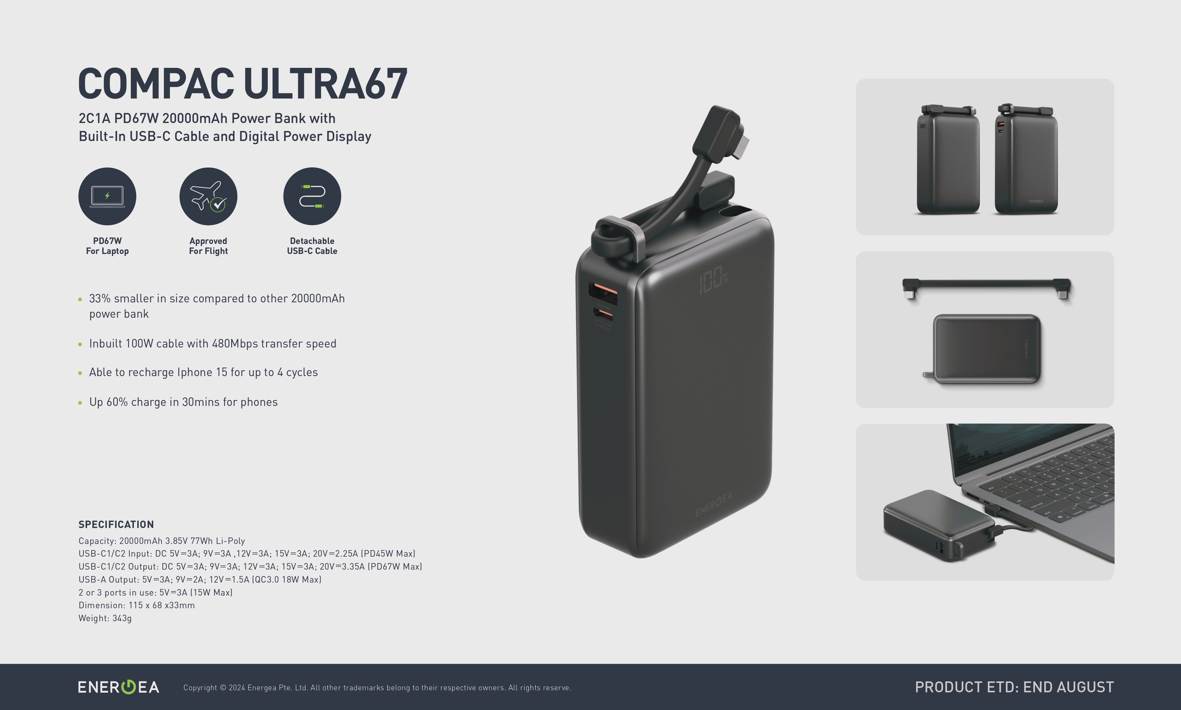 ENERGEA ComPac Ultra 67 20000mAh Power Bank with Built in USB C Cable ...