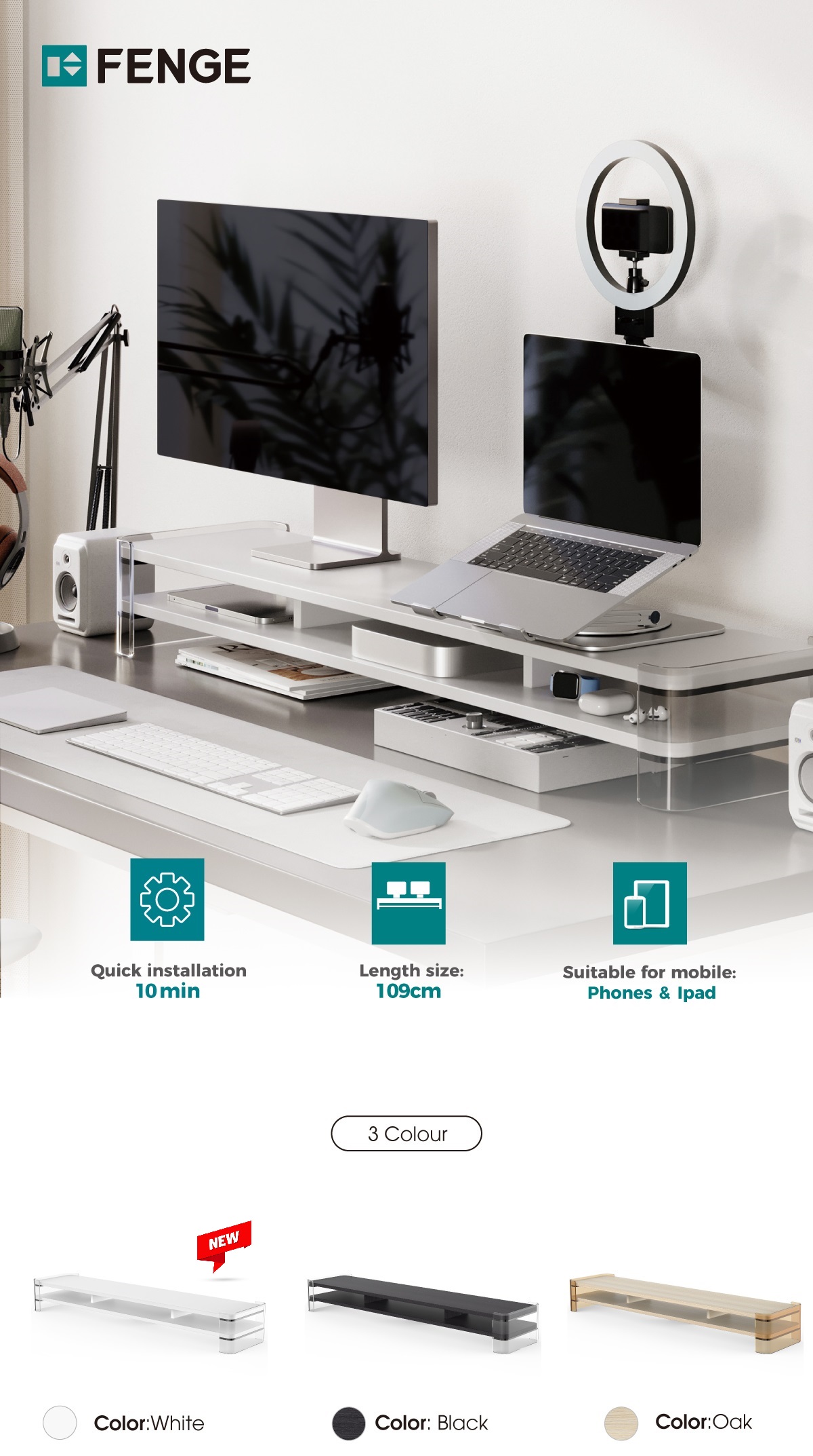 FENGE Acrylic Ergonomic Monitor Stand Desk Organiser with 2-Tier Shelf ...