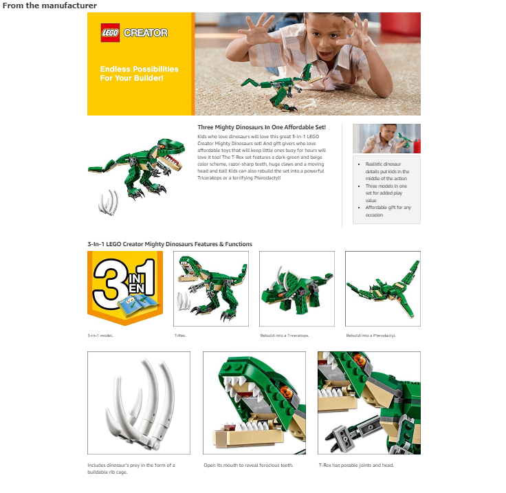 LEGO Creator 3 in 1 Mighty Dinosaur Toy, Transforms from T. rex to ...