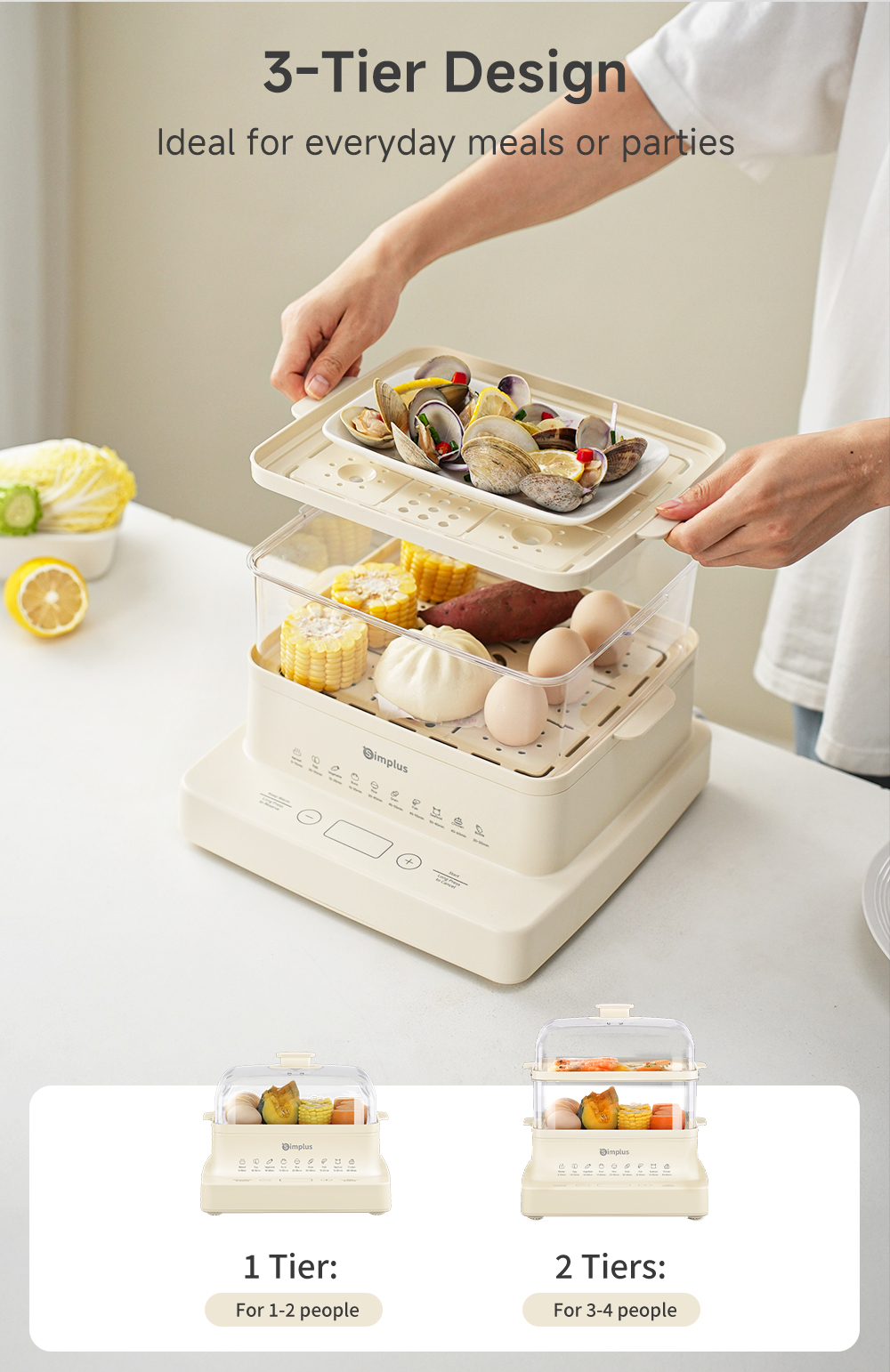 Simplus Electric Food Steamer丨3-Tier 14L Capacity丨1200W Power丨24hrs ...