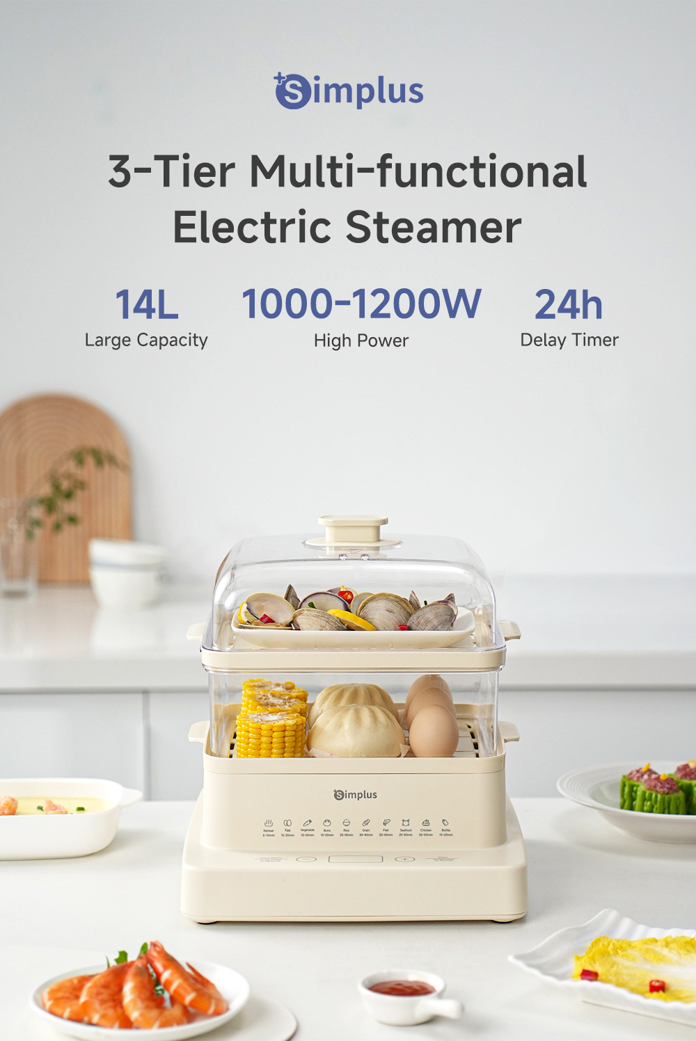 Simplus Electric Food Steamer丨3-Tier 14L Capacity丨1200W Power丨24hrs ...