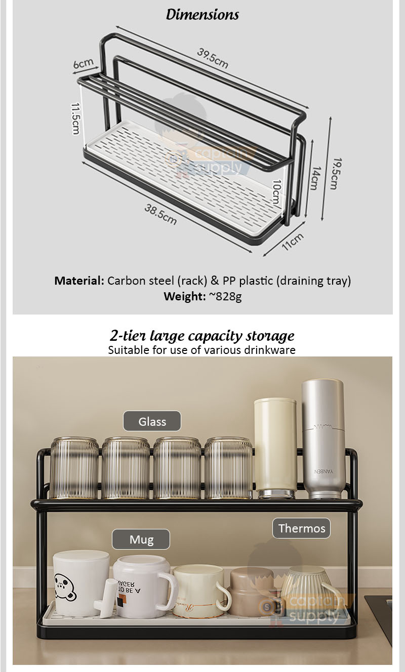 2-Tier Slim Cup Drying Rack Stand with Detachable Draining Tray ...