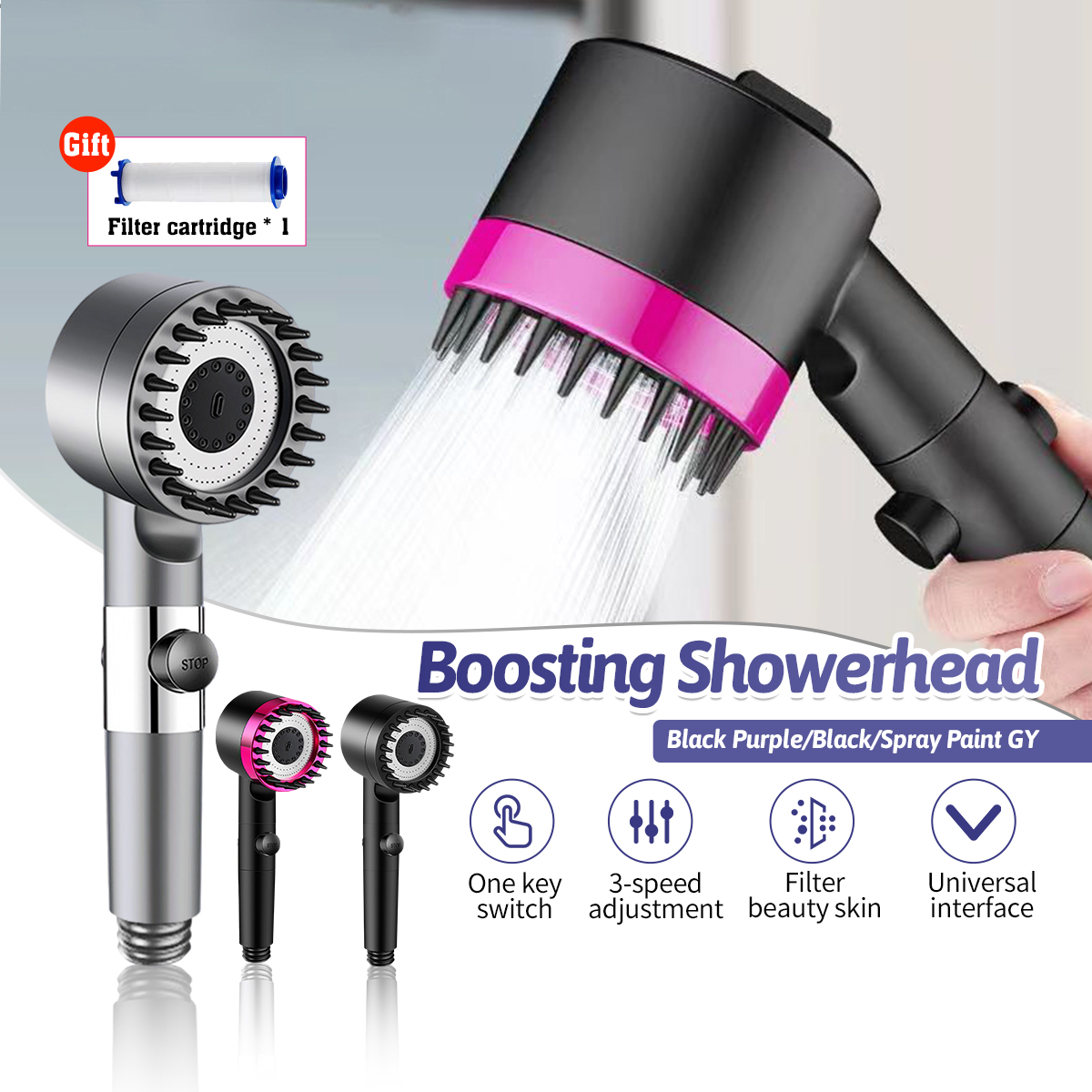 SG Stock Shower Head 4 Modes High Pressure Water Saving One-Key Stop ...