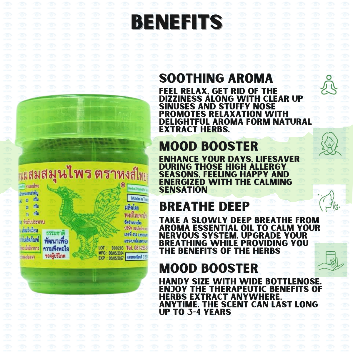 Hong Thai Green Herbal Yadom Inhaler 40g | Traditional Nasal Inhaler ...